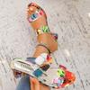 Women's Rhinestone Thick Heel Floral One-character Cool Slippers Fashion Outerwear Color Block Medium Heel Large Size Women's Shoes