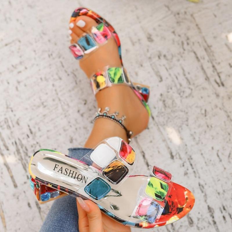 Women's Rhinestone Thick Heel Floral One-character Cool Slippers Fashion Outerwear Color Block Medium Heel Large Size Women's Shoes