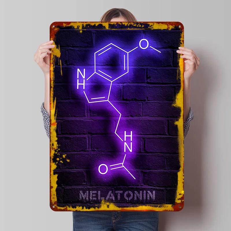 Melatonin Neon Molecule Tin Plaque Poster Customized Wall Art Retro Vintage Metal Signs for Man Cave Room Decoration Wand Deko