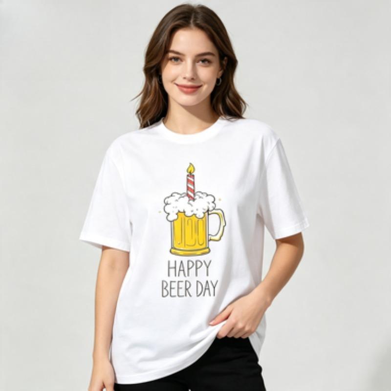 Funny Beer Lover Unisex Cotton Tshirt Happy Beer Day Beer Mug Candle Graphic Casual Birthday Gift Crew Neck Short Sleeve Tees