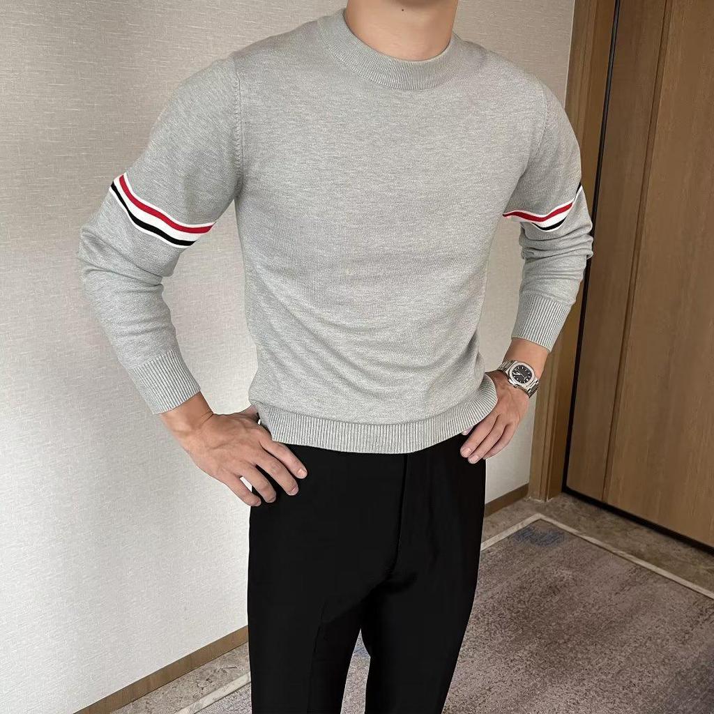 Unisex Striped Contrast Color Pullover Sweater – Round Neck Knit for Spring & Autumn