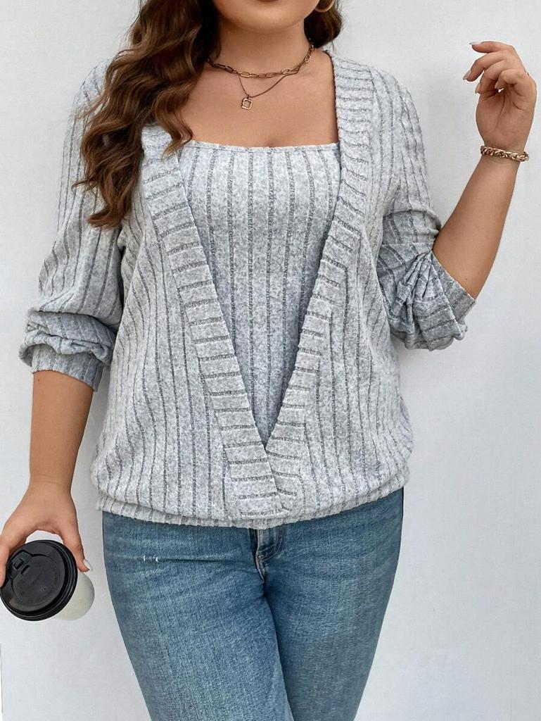 2025 Autumn and Winter, Europe, America,  TEMU Independent Station Cross-border New Solid-color Pit Strip V-neck Long-sleeved Fake Two-piece Set