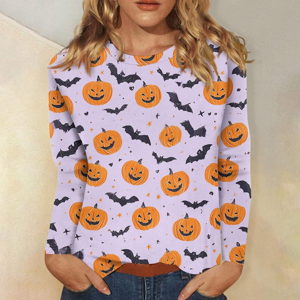 Women's Fashion Casual Halloween Printed Round Neck Long Sleeve Pullover Top