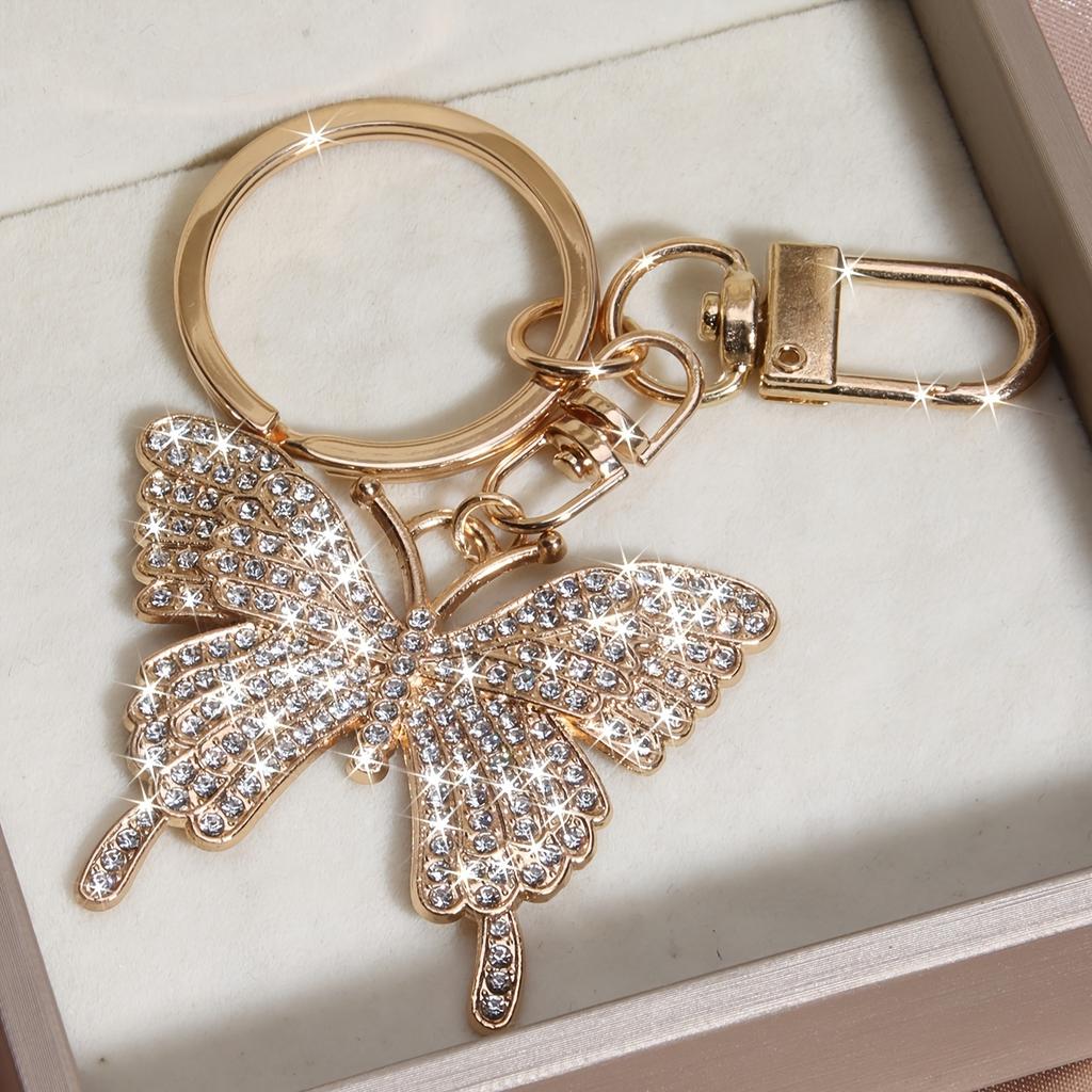 1pz Portachiavi Farfalla Incrostata di Cristalli - Elegante Lega Oro Rosa, Design Scintillante con Strass, Perfetto per Auto Borse Regalo di San Valentino