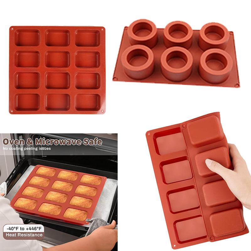 12 Cavity Rectangle and 6 Cavity Round Silicone Baking Molds for Muffins Cakes and Desserts Non Stick Heat Resistant Bakeware