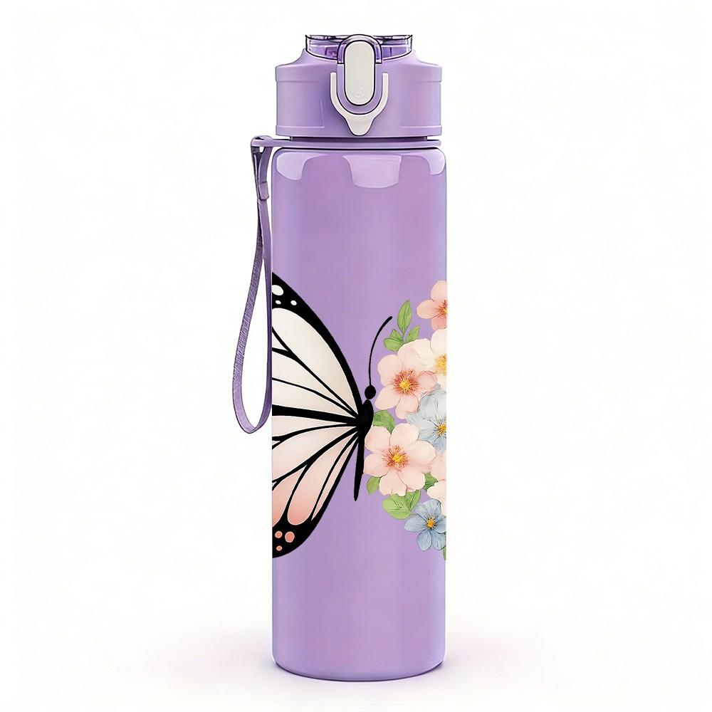 1PC Floral White Butterfly Print 750ml Color Plastic Sports Water Bottle Leakproof Flip Straw Lid Suitable for Sports Office Home Use
