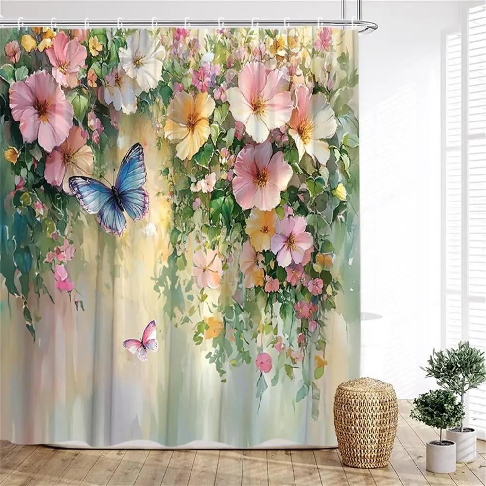 Liane Floral Shower Curtain Pink Floral Country Plant Polyester Fabric Bathroom Curtain Hook for Home Decoration