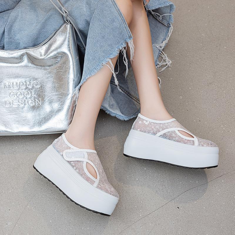 Mesh Breathable Sequins Women's Platform Shoes Women's 2025 Summer New Muffin Shoes Velcro Low-top Round Head Solid Color