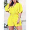Solid V Neck Romper, Elegant Short Sleeve Shirred Waist Jumpsuit For Spring & Summer, Women's Clothing