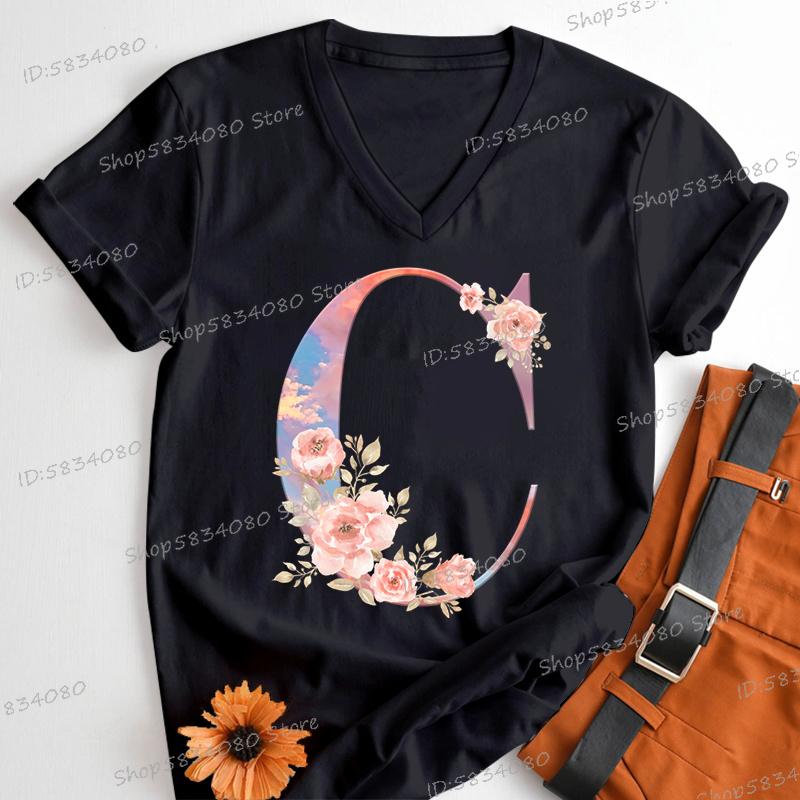 Womens Clothing Pink Flower Alphabet Classic Top Sky Alphabet Cartoon Tshirt FeUnisex Floral Letters A B C D Birthday Gift Shirt