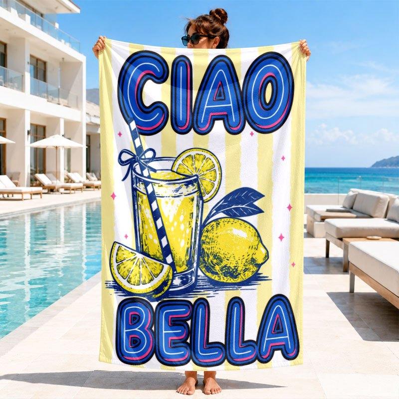 Red White Vertical Stripe Ciao Bella Letter Printed Beach Towel Quick Dry Sand Resistant Absorbent Towel For Pool Swimming