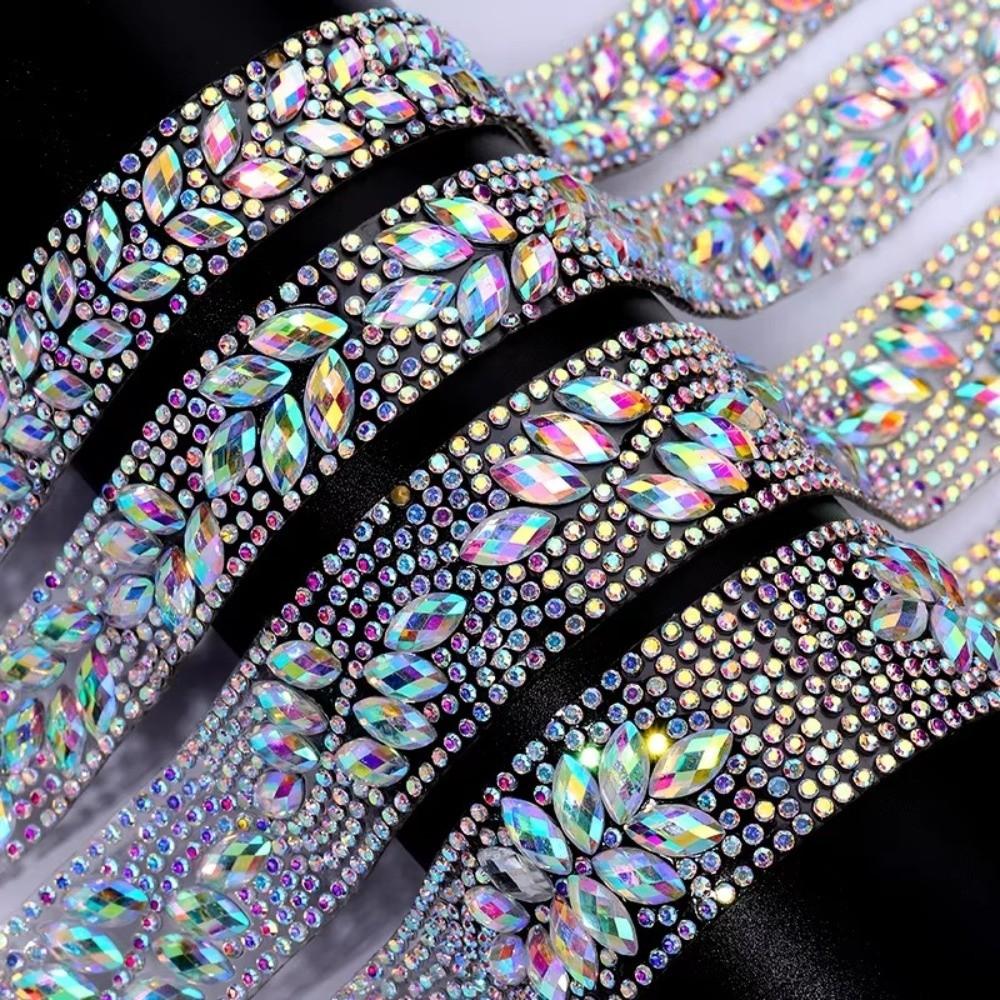 1Yard/90cm Self-Adhesive Rhinestone Trim DIY Multi-color Crystal Rhinestone Trimming Tape AB Color Iron On Crystal Tape