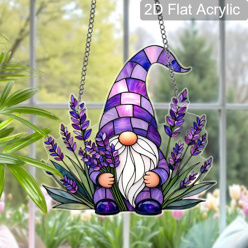 Acrylic Lavender Gnome Suncatcher, Stained Glass Effect Window Hanging Ornament for Whimsical & Floral Lover Gifts