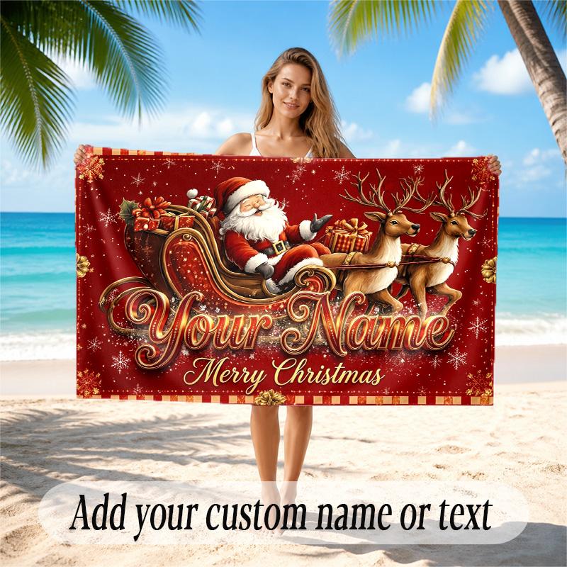Christmas Theme Quick Dry Beach Towel Custom Name Text Print Large Sand Resistant Towel Beach Vacation