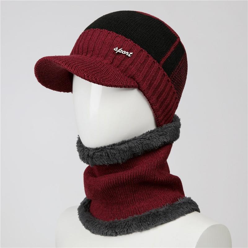 

Hat Men s autumn and winter knitted wool hat, wool ear protector, warm and velvet old hat Set (hat + scarf)