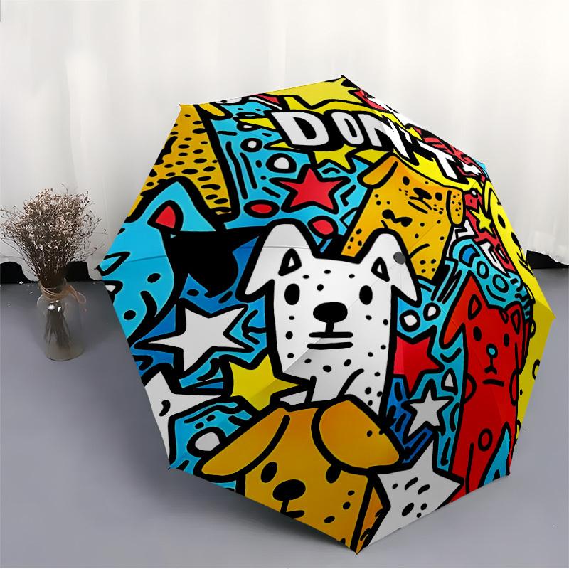 1pc Dogs Cartoon Drawing Fashionable Auto Opening/Closing Folding Umbrella with 8 Bones, Windproof Portable, Daily Use319