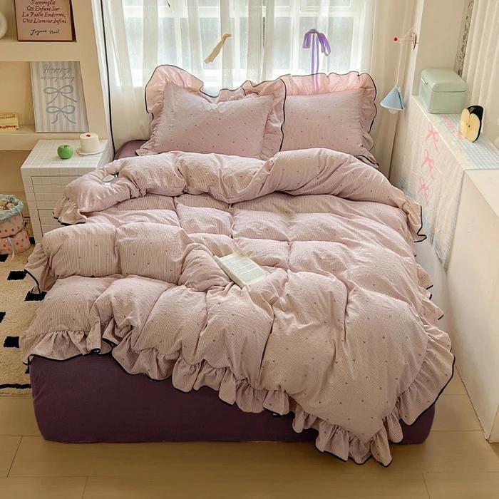 2025 New Cream Lace Girl Powder Grid Korean Version Bed 4-piece Set Washed Cotton Double-layer Yarn Quilt Cover Dormitory