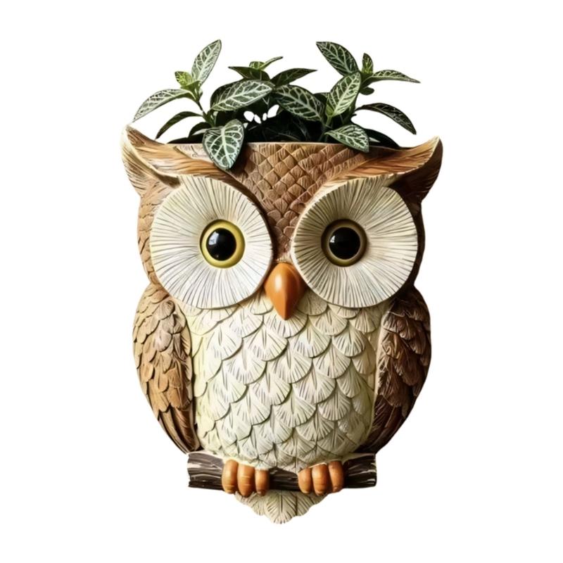 Resin Owl Hanging Wall Pot With Textured Finish and Back Hook Slot, Flower Holder for Small Plant, Balcony Wall, Entryway, and Indoor Display
