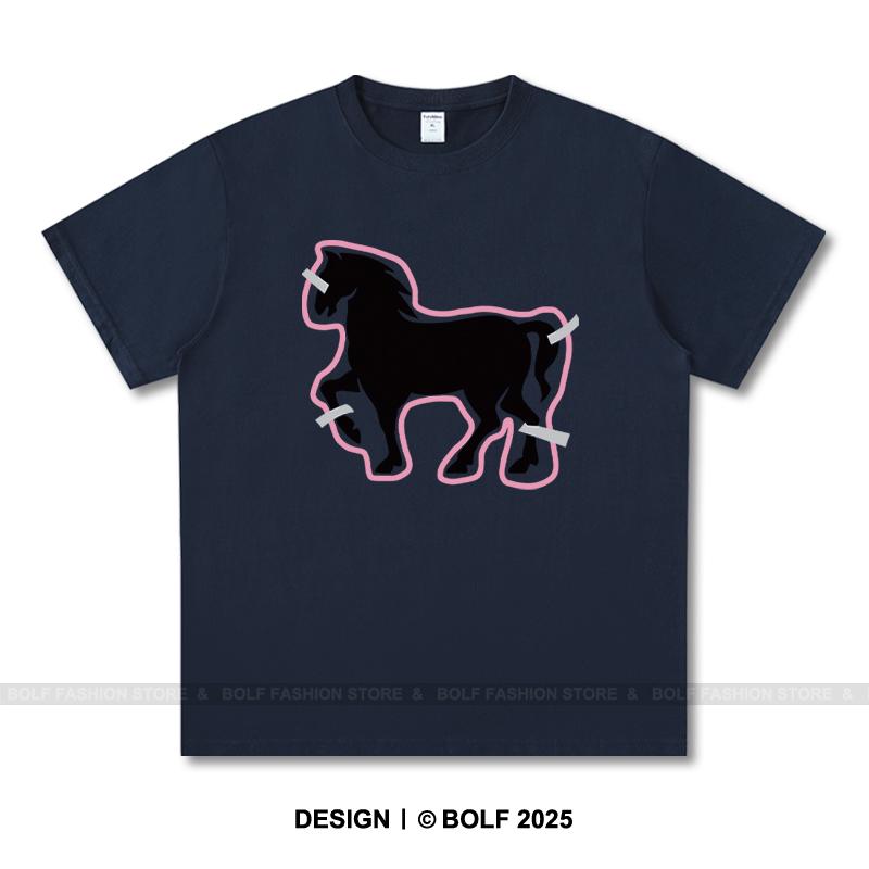 Women's Paper-Cut Art Horse Printed T-Shirt 100% Cotton Oversized Folk Graphic Tees for Men Summer Tops Cultural Streetwear