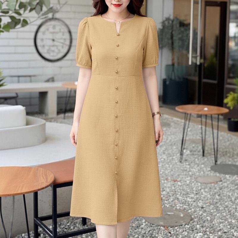 ZANZEA Women Casual V-Neck Solid Color Short Sleeve Midi Dress