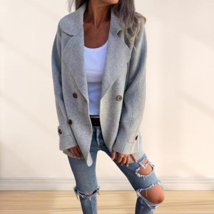 Winter Women Double Breasted Woolen Overcoat Solid Color Coat Loose Fit Thermal Long Sleeve Turn Down Collar Dating Commuting Outerwear