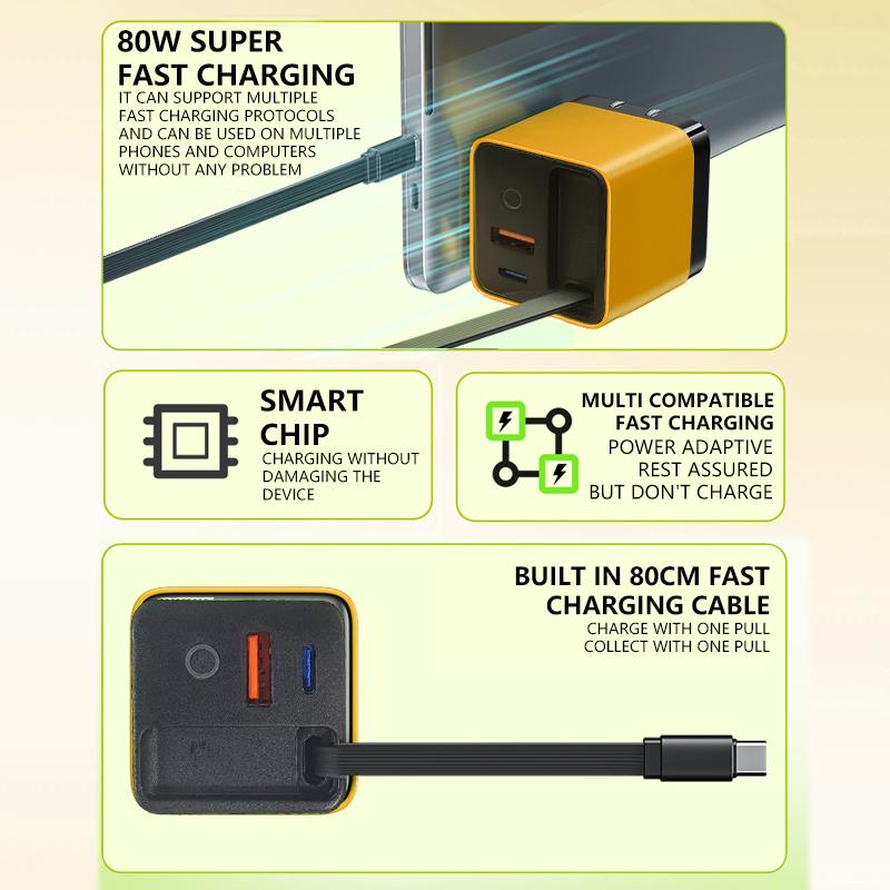 Nabíječka 3 v 1 GaN Zatahovací 80W MAX Blok rychlonabíječky s kabelem Type-C 2 USB porty Přenosný adaptér Nabíječka mobilního telefonu Nová