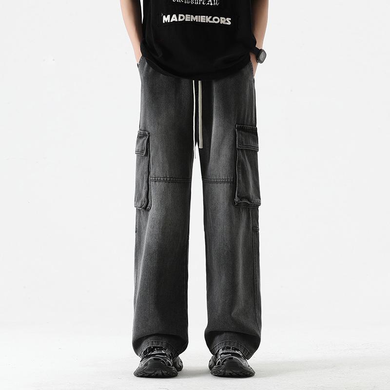 LKTM Men's Japanese Retro Multi-Pocket Workwear Jeans - Loose Straight Wide-Leg Pants