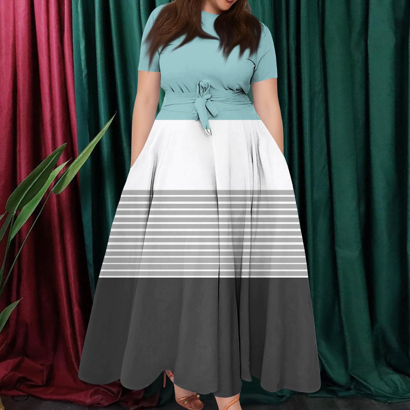 Женское повседневное модное свободное платье большого размера с принтом, круглым вырезом и короткими рукавами, карманными бретелями XL циан