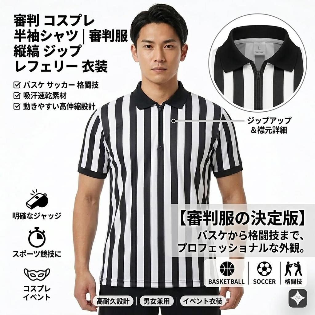 [Silver & Style] Referee Cosplay Short-Sleeved Shirt, Referee Uniform, Vertical Stripe, Zip-Up, Basketball, Soccer, Martial Arts (3XL)