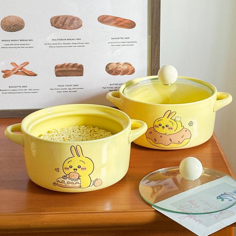 High-value Cute Tableware Ceramic Instant Noodle Bowl with Lid Children's Rice Bowl Student Dormitory Instant Noodle Bowl Binaural Soup Bowl
