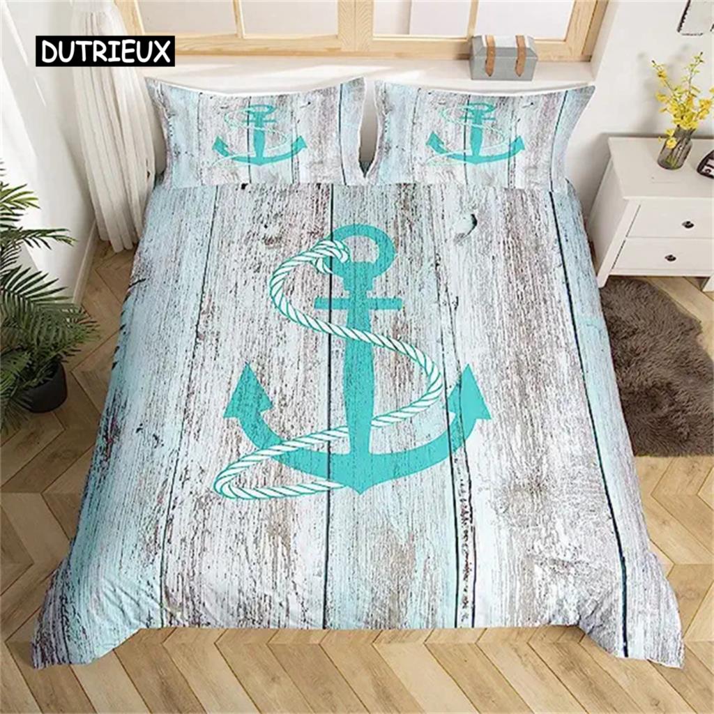 Anchor Duvet Cover Nautical Bedding Set Ship Anchor Chain With Lines Comforter Cover For Children Teen Bedroom Decoration Gifts
