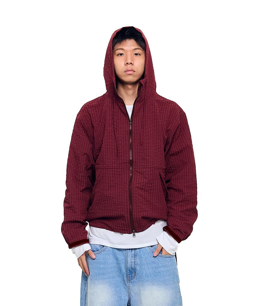 Aakam Check Pattern Hooded Jacket (Burgundy)
