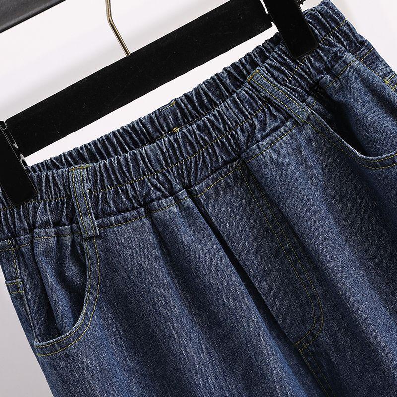 Fall New Arrival Plus Size Female Loose High Waist Dark Color Water Scrubbing Straight Elastic Waist Plus Size Ladies Wide Leg Pants Denim