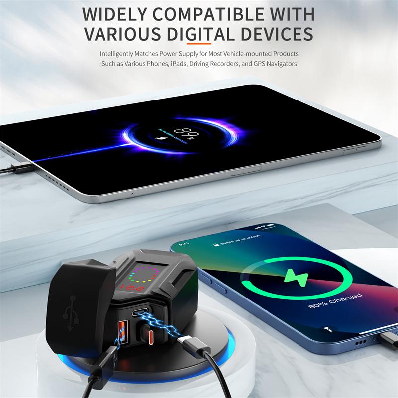 Digital 78W Pd30W+Qc3.0 Motorcycle Usb Charger With Retractable Cable Quick Phone Charger With Voltmeter & Independent Switch