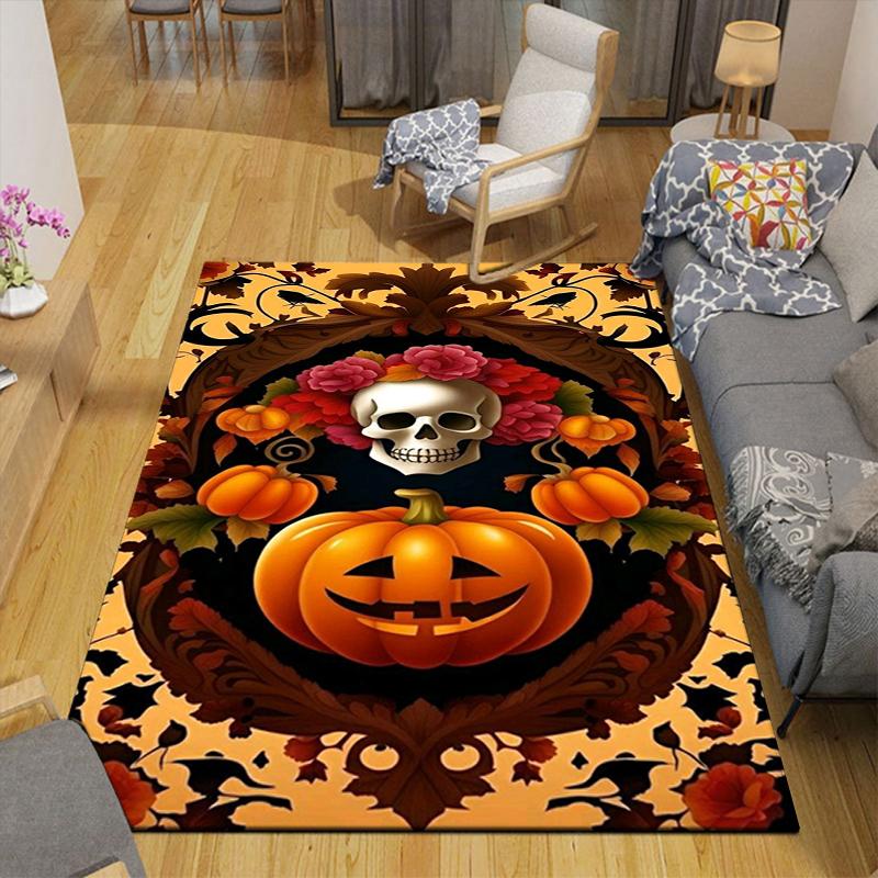 1Pc Halloween Skull Pumpkin Rug, Office Carpet Indoor Outdoor Doormat, Non-Slip, Comfortable, Living, Christmas Halloween, Xmas Gift Eg116