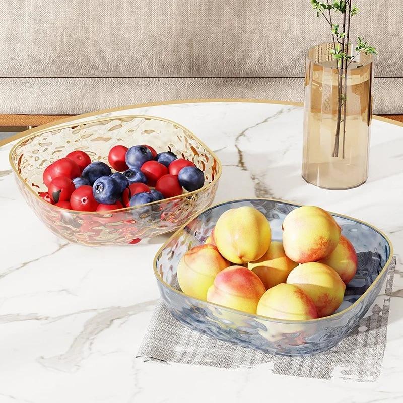 JUSTINLAU Transparent Fruit Snack Plate Multifunction Salad Dessert Biscuit Bowl with Golden Rim Home Desktop Food Storage Tray