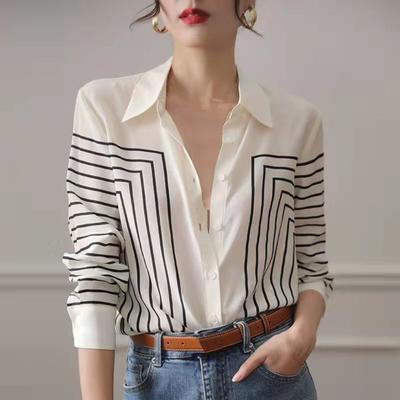 Chiffonhemd Revers Langarm Streifendruck Hemd Tops Lockere Passform Einreihig Damenhemd