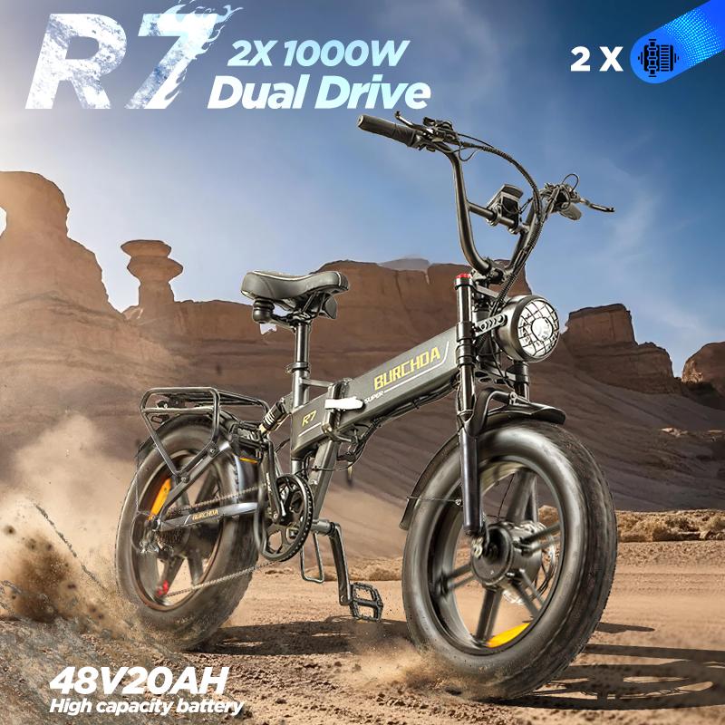 BURCHDA R7 Dubbele Motor Elektrische Fiets 3000W, 48V 20" Dikke Band All-Terrain Ebike voor Volwassenen
