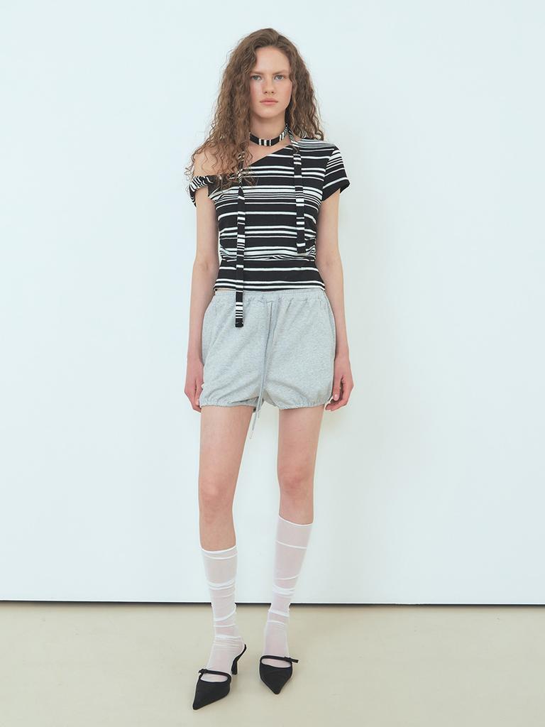 ETMON Stripe One-Shoulder T-Shirt Black