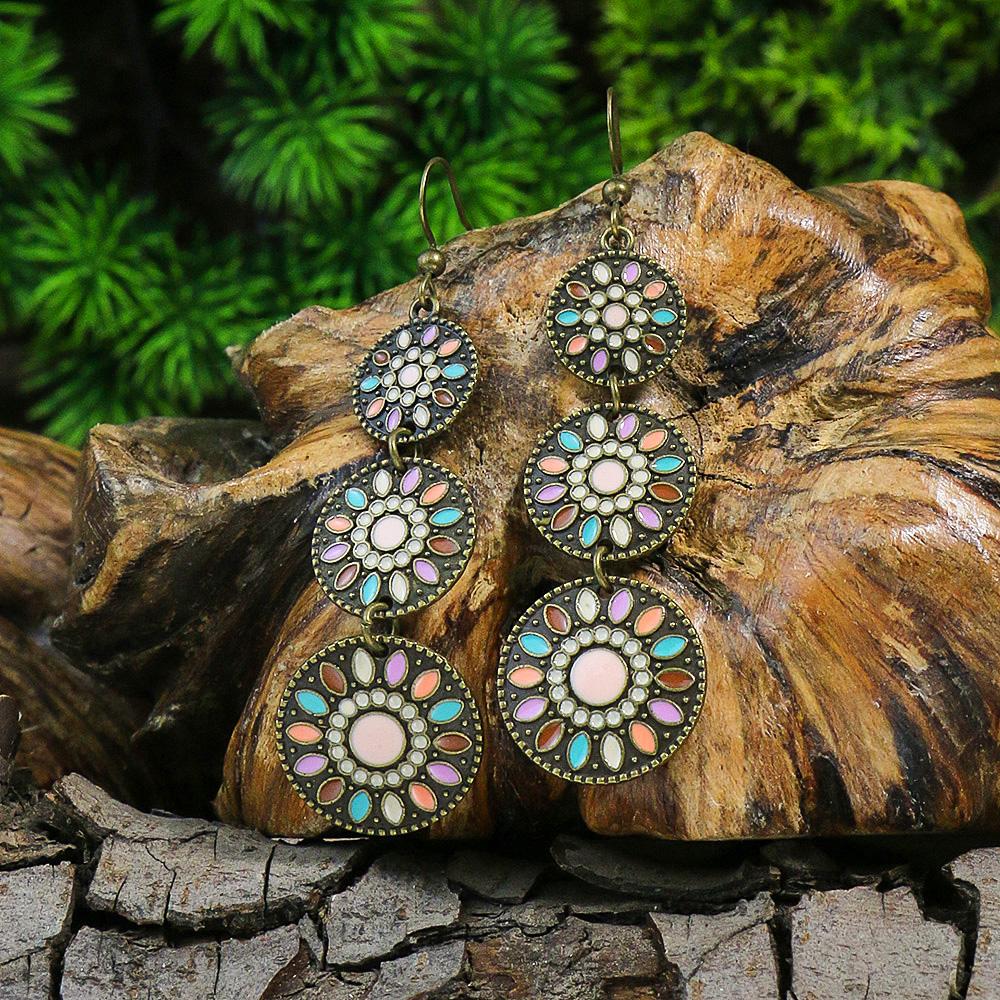 Nouvelles Boucles d'Oreilles Bohémiennes en Alliage Goutte Ronde Huile Multicolore Zircons Tournesol Ornement Distinctif Cadeaux Fête