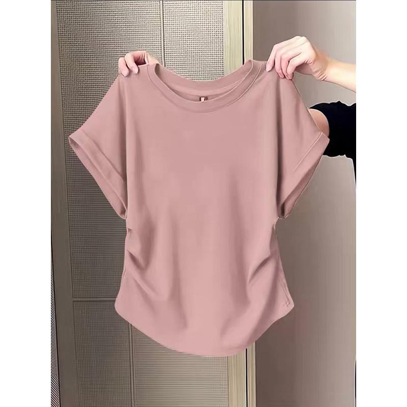 Lotus Root Pink Slimming Cotton T-Shirt for Women, 2026 Style with Cap Sleeves and Cinched Waist.