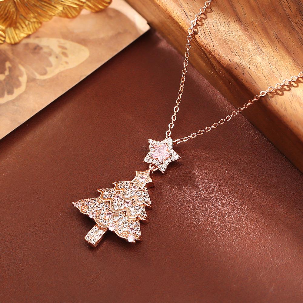 Hot-Selling Pink Zircon Pendant Necklace & Super Shiny Fairy-Style Earrings Set - Cute, Fresh Christmas Tree Design