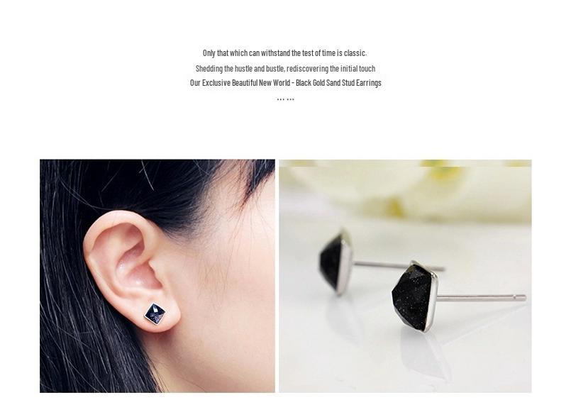 925 Sterling Silver Black Gold Sand Crystal Earrings, Korean Style Fashion Men's Studs