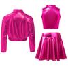 Metallic Shiny Jacket Set for Girls: Turn-Down Collar Long Sleeve Coat with Turtleneck Tank & High Waist A-Line Skirt