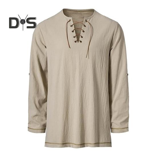 Pánské vintage šněrovací tričko s dlouhým rukávem a límečkem Henry, jarní podzimní jednobarevné tričko pro každodenní nošení, vystoupení, cosplay