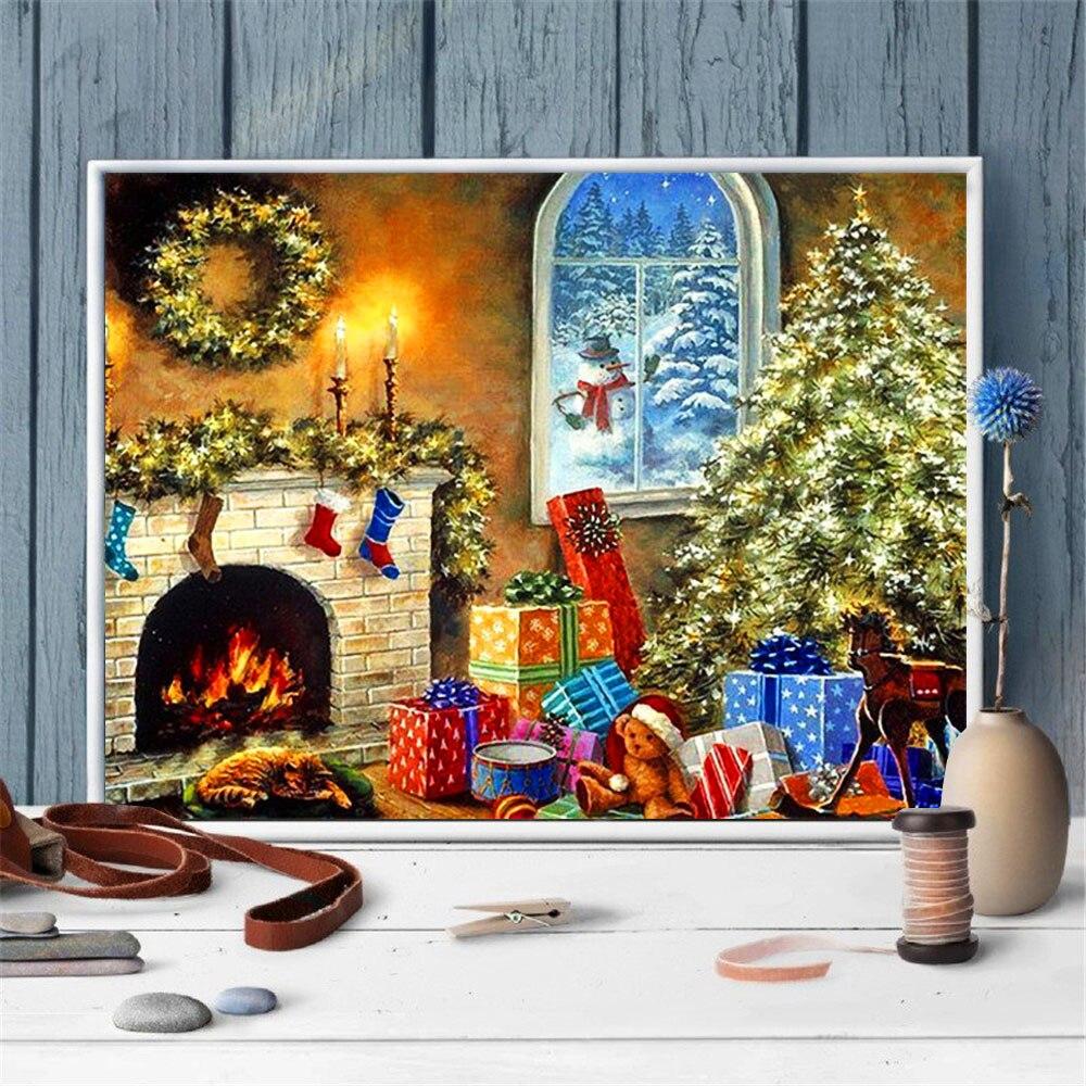 Pictură cu diamant pătrată completă, kit de artizanat pentru brad de Crăciun, bricolaj 5D, broderie cu diamante, coroană de peisaj, decorarea casei