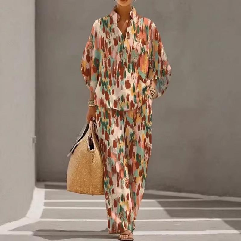 European and American Vintage Heavy Industry Floral Print Two-piece Set: Stand-collar Polo Shirt + Wide-leg Pants Loose Casual Vacation Set