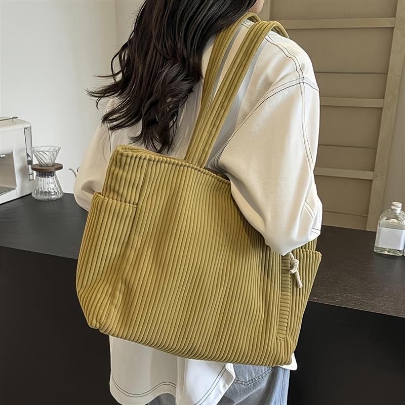 Women'S Large Capacity Corduroy Tote Bag with Multiple Compartments and Side Pockets, Zipper Closure, Fixed Shoulder Straps Casual Travel & Work Bag