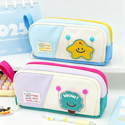 Cute Smiley Patch Pencil Case, Color Block Large Capacity  Stationery Bag