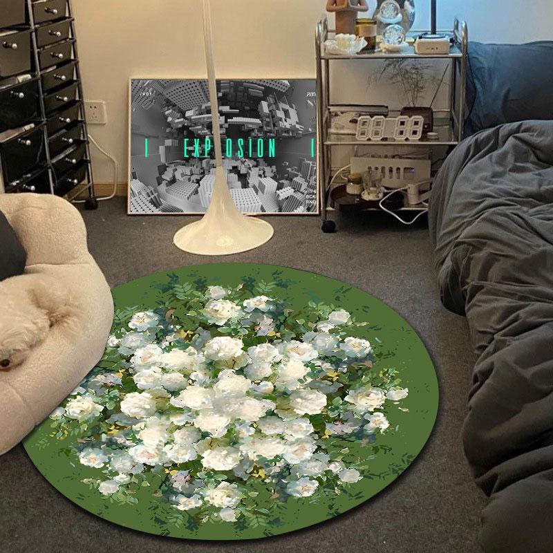Statement Round Roses Green Floor Rug, Non-Slip Floor Mat for Hallway